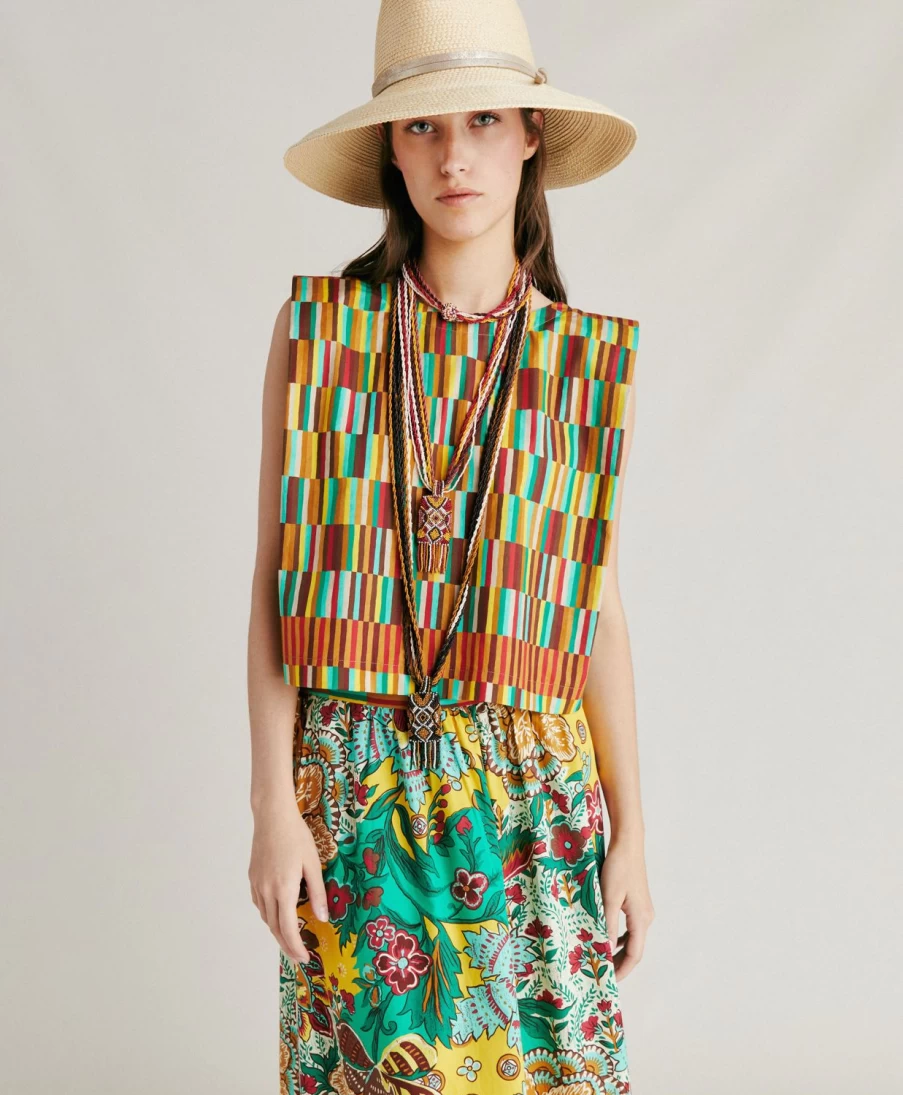Momoni Women's Multicolor Yellow Poplin Moon Top