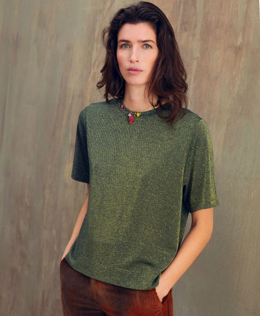 Momoni Women's Forest Green Lurex Jersey Iora T-Shirt - Elegant & Comfortable Top