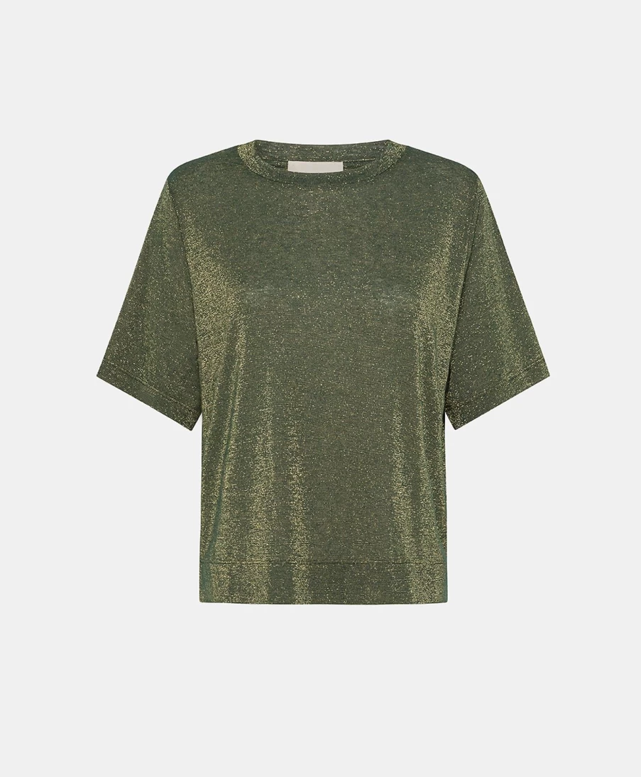 Momoni Women's Forest Green Lurex Jersey Iora T-Shirt - Elegant & Comfortable Top