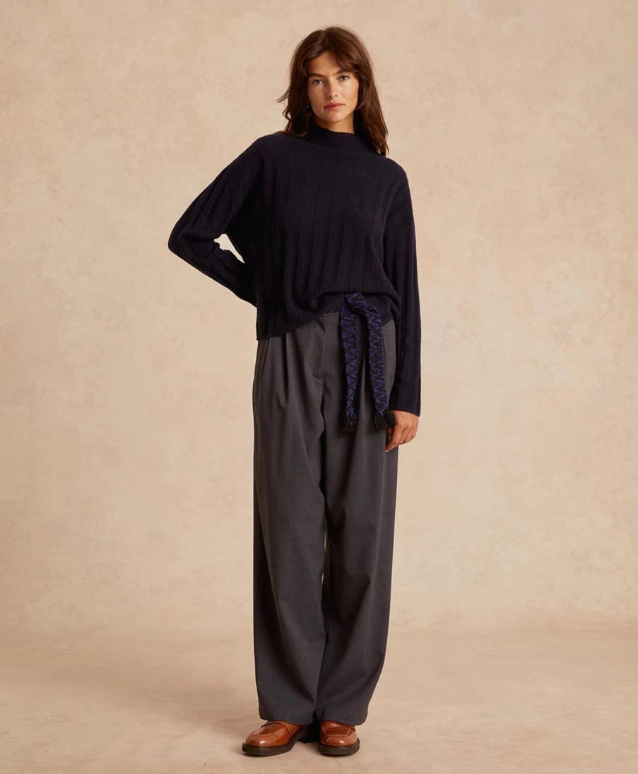 Momoni Women's Blue Cashmere Flat Rib Gael Knitwear Sweater