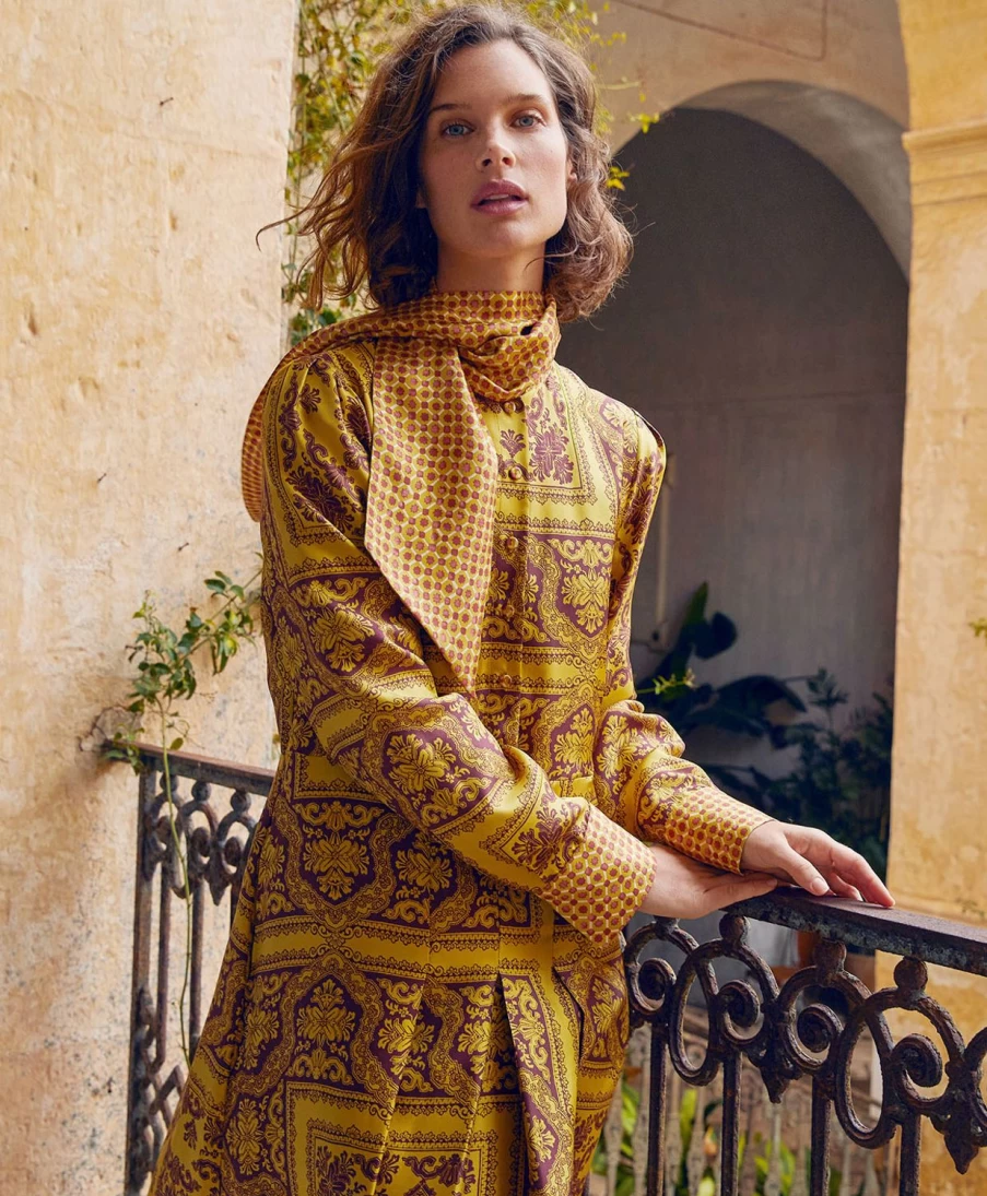 Momoni Women's Arnaud Printed Silk Twill Dress - Lime & Brown Floral Elegant Fashion