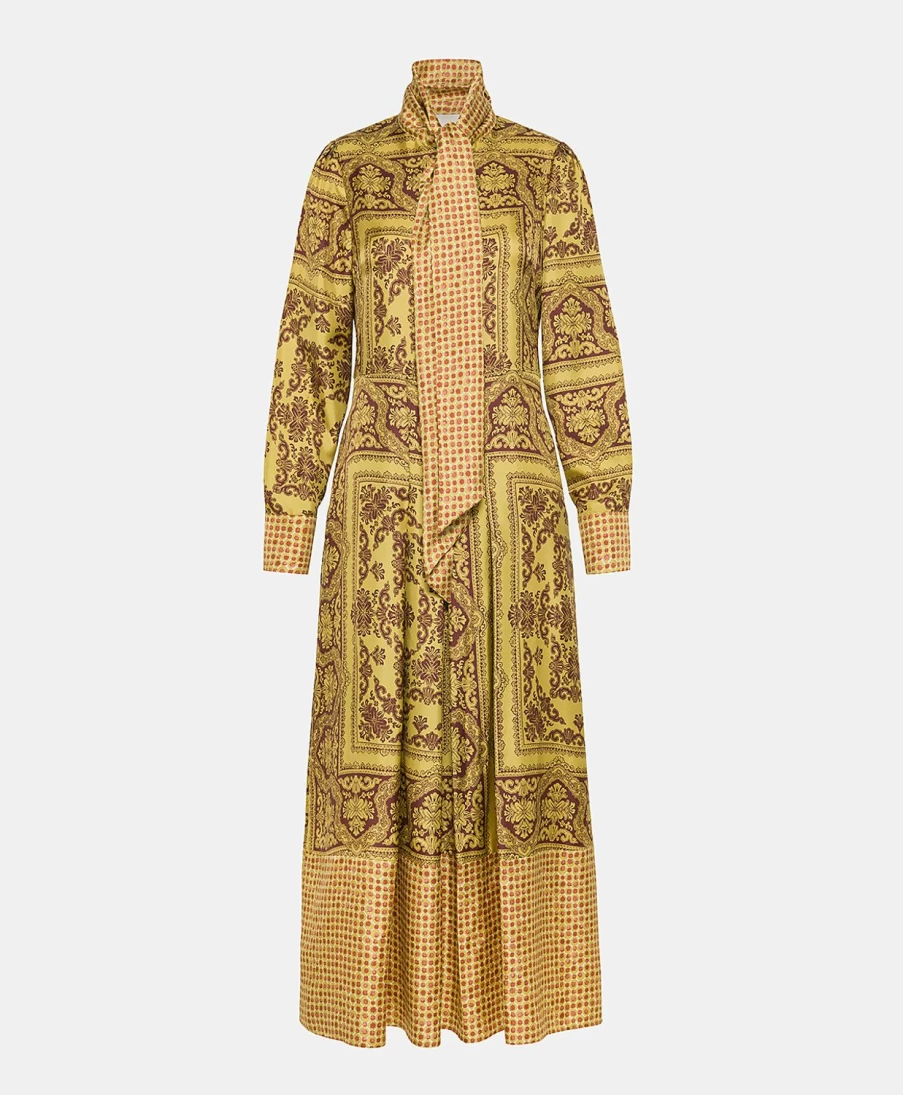 Momoni Women's Arnaud Printed Silk Twill Dress - Lime & Brown Floral Elegant Fashion