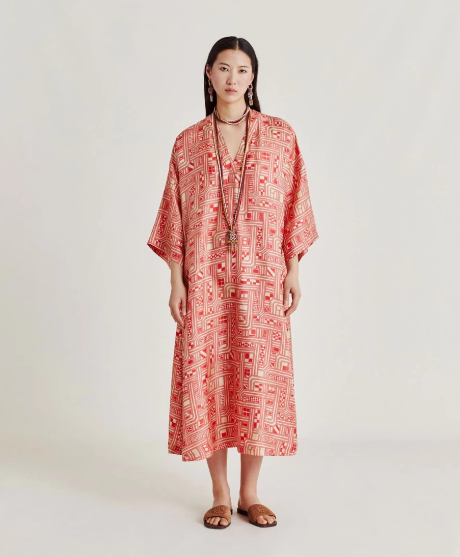 Momoni Women's Faro Silk Twill Dress in Beige & Coral - Elegant Flowy Style