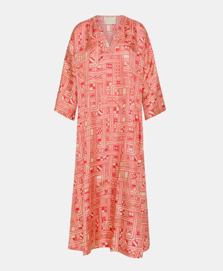 Momoni Women's Faro Silk Twill Dress in Beige & Coral - Elegant Flowy Style