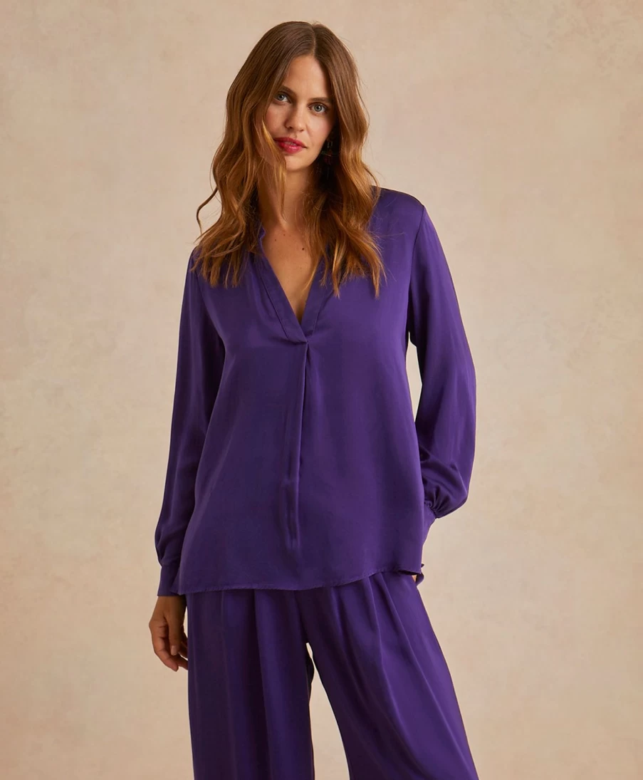 Momoni Women's Violet Angelica Bis Blouse - Solid Color Satin Crepe Elegant Top