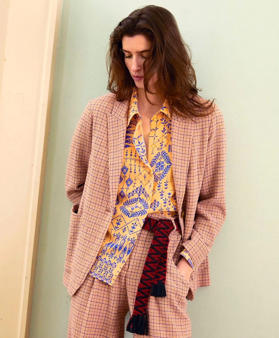 Momoni Women's Yves Houndstooth Seersucker Jacket in Apricot & Lime - Lightweight Summer Blazer