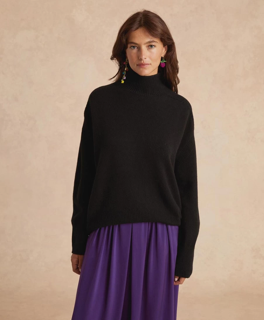 Momoni Women's Black Plain Wool Cashmere Knitwear Cosme Sweater