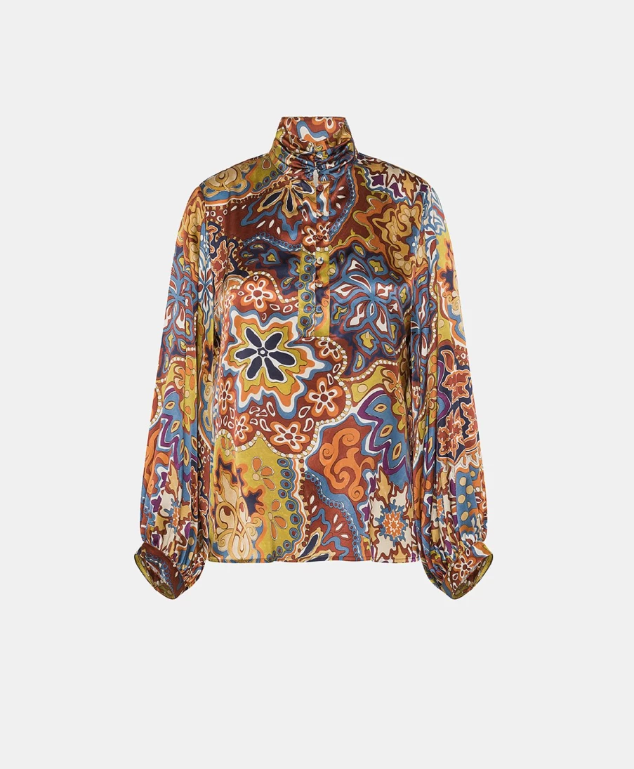 Momoni Women's Thierry Blouse - Printed Stretch Satin in Brown & Orange