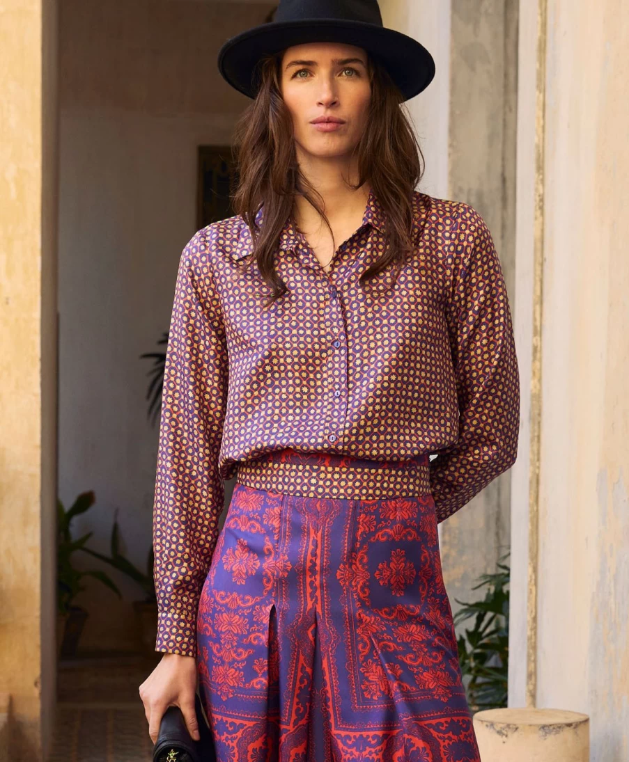 Momoni Women's Coral & Indigo Printed Silk Twill Arles Shirt
