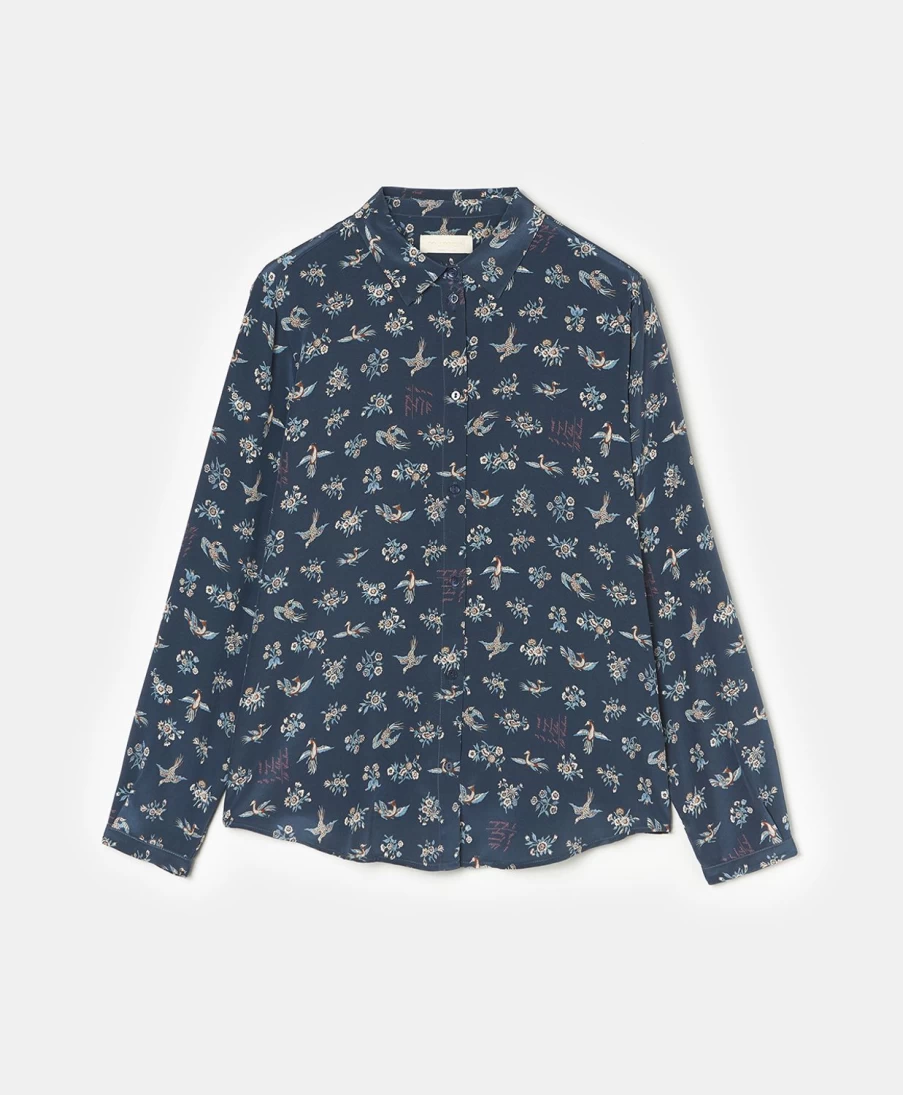 Momoni Women's Meudon Printed Silk Crepe De Chine Shirt - Blue and Dusty Pink Elegant Blouse