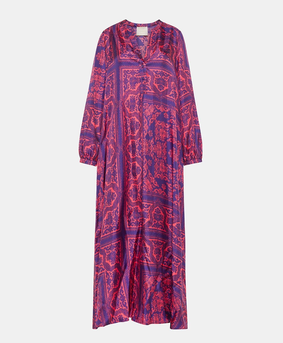 Momoni Women's Amede Printed Silk Twill Dress - Indigo Coral Elegant Floral Design