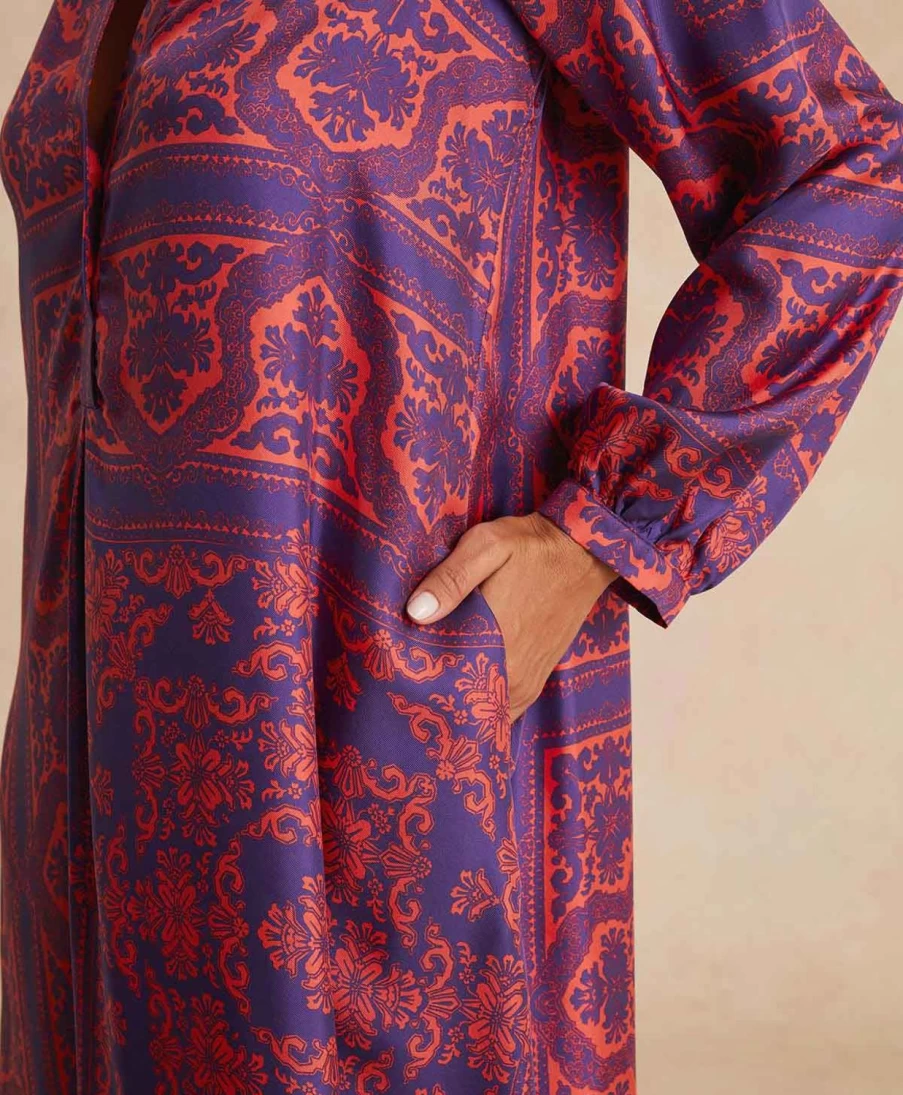 Momoni Women's Amede Printed Silk Twill Dress - Indigo Coral Elegant Floral Design