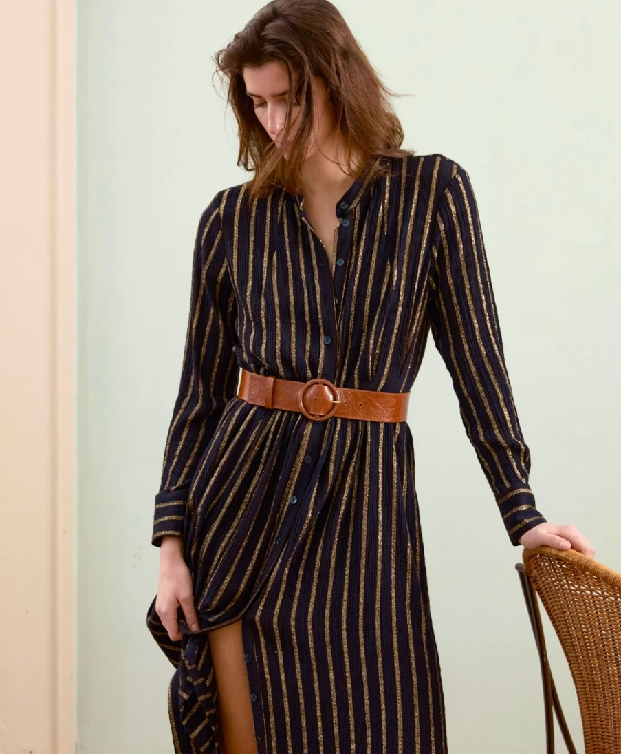 Momoni Women's Blue Lurex Stripe Gauze Dress - Elegant Multicolor Design