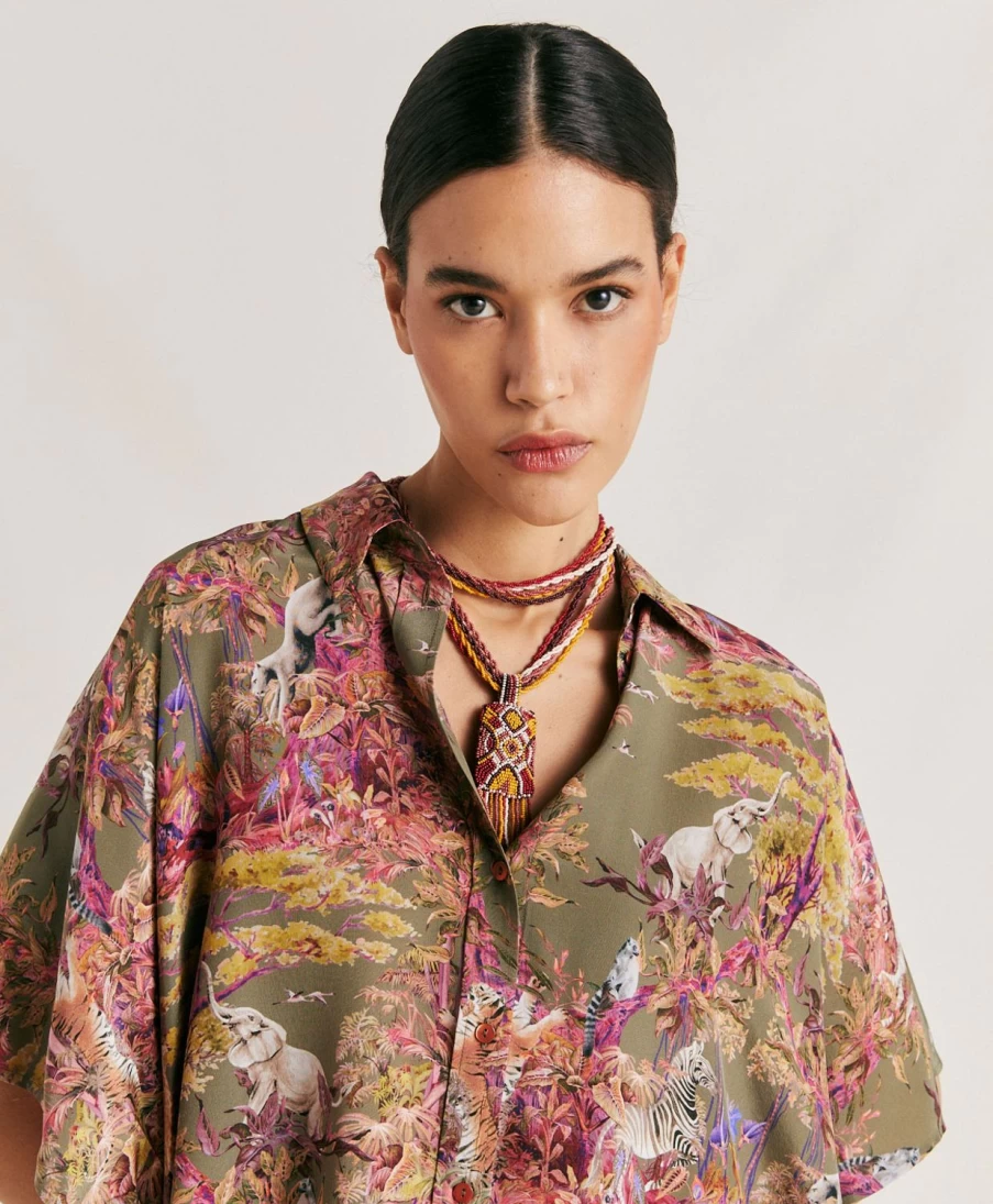 Momoni Women's Olive Green Multicolour Brooklyn Shirt - Crepe De Chine Elegant Top