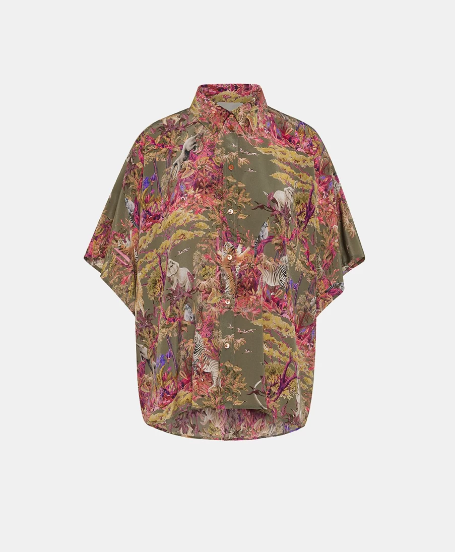Momoni Women's Olive Green Multicolour Brooklyn Shirt - Crepe De Chine Elegant Top