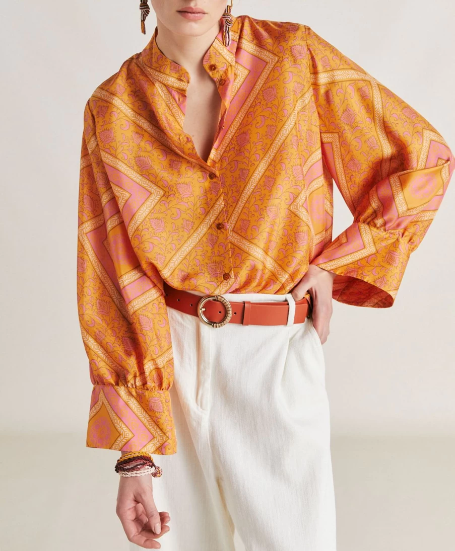Momoni Women's Franklin Shirt - Orange Fuchsia Hawaiian Silk Blouse