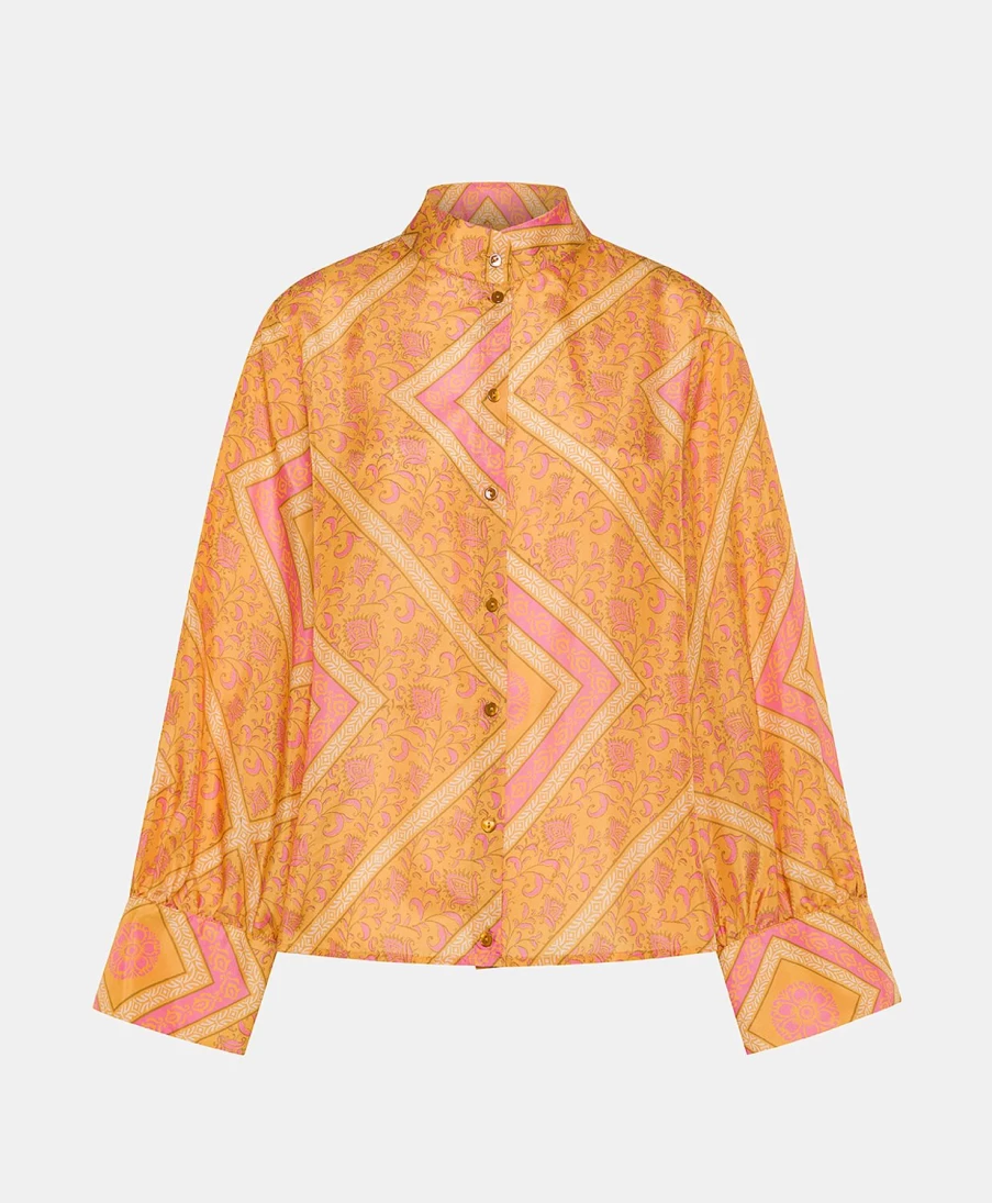 Momoni Women's Franklin Shirt - Orange Fuchsia Hawaiian Silk Blouse