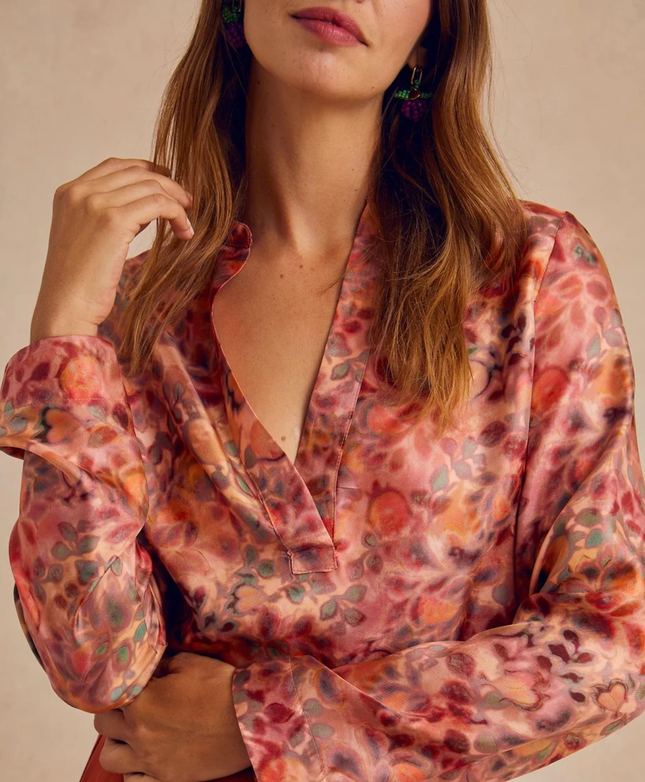 Momoni Women's Atlanta Blouse - Pink Multicolor Printed Silk Twill Top
