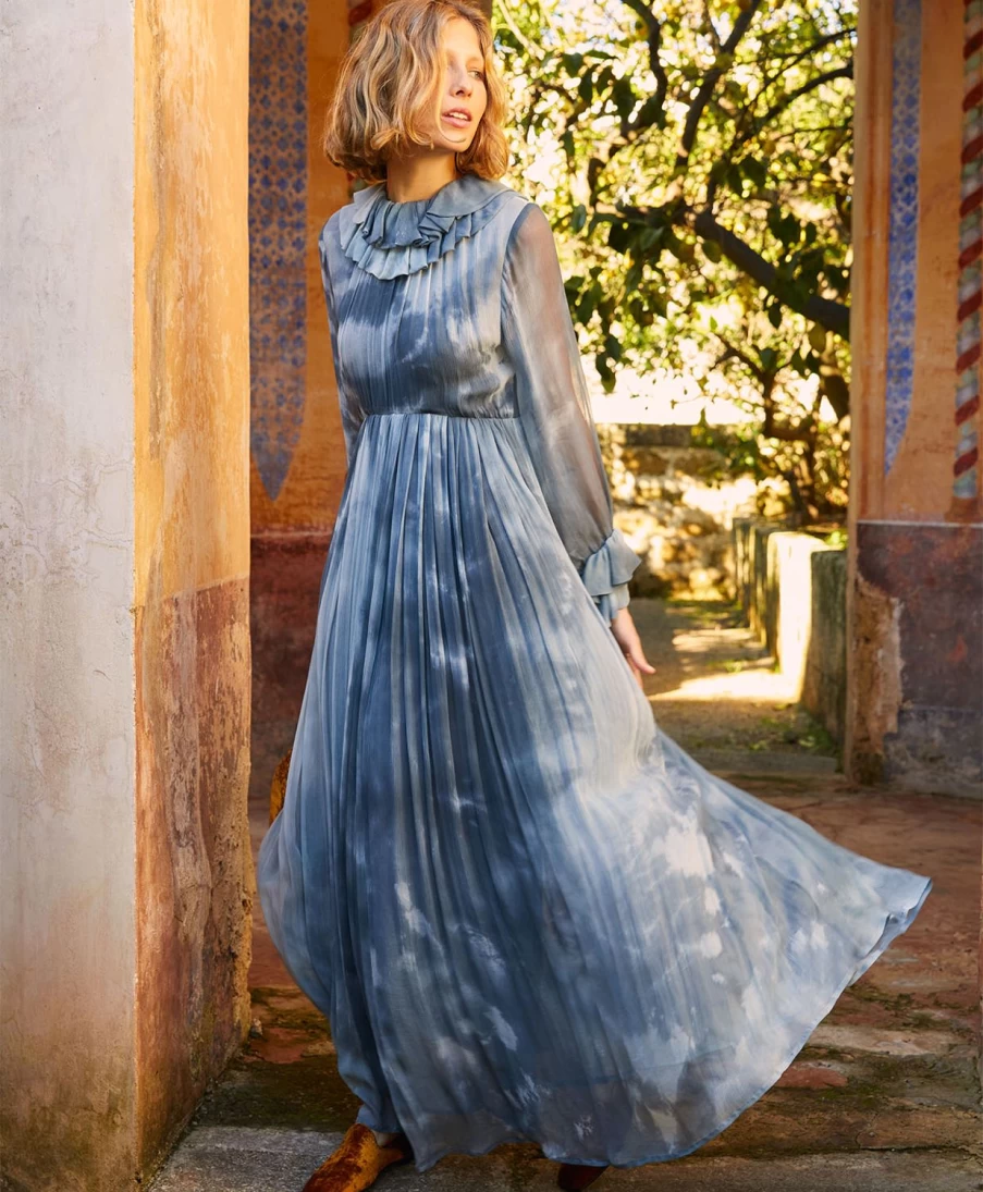 Momoni Women's Emile Tie-Dye Crepon Dress - Sea Blue Bohemian Style