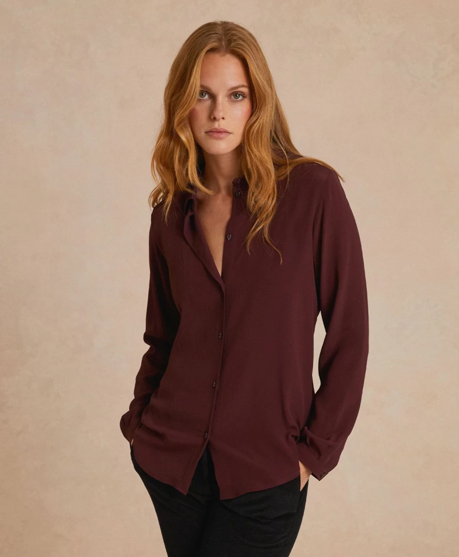 Momoni Women's Meudon Silk Crepe Blend Shirt - Elegant Wine Red Blouse for Women