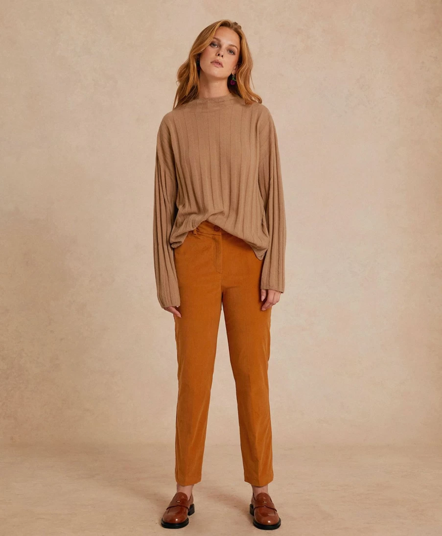 Momoni Women's Lyon Stretch Corduroy Pants in Peach - Comfortable High-Waisted Trousers