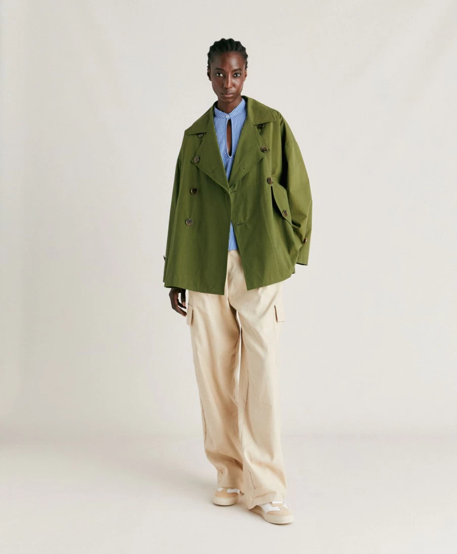 Momoni Women's Army Green Cotton Gazania Trench Coat