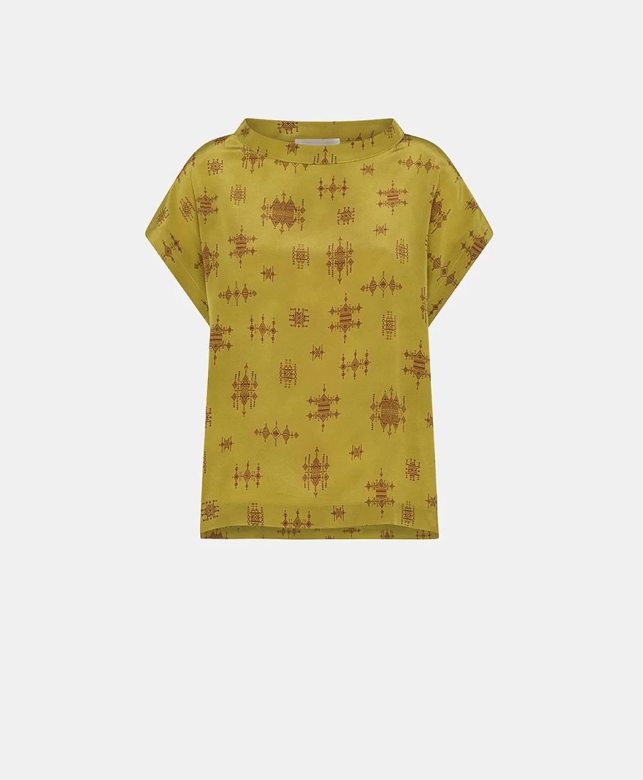 Momoni Women's Curacao Blouse - Flowy Lime & Wine Crepe de Chine Top