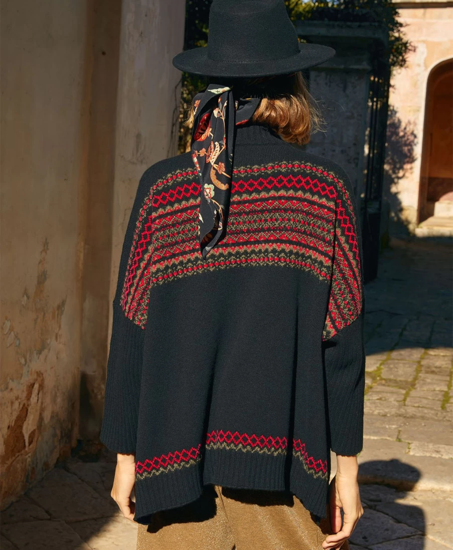Momoni Women's Jacquard Wool Knitwear - Black Cozy Elegant Sweater