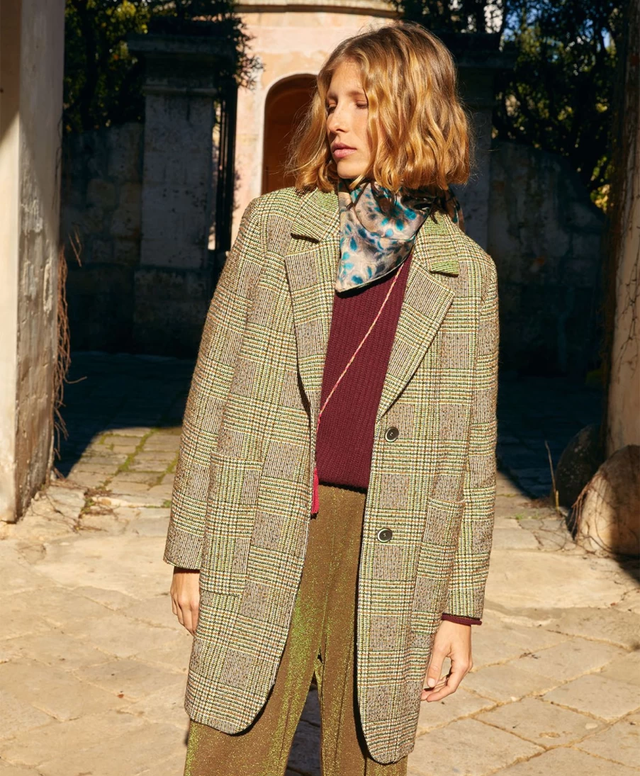 Momoni Women's Light Blue Green Checkered Chenille Luc Coat