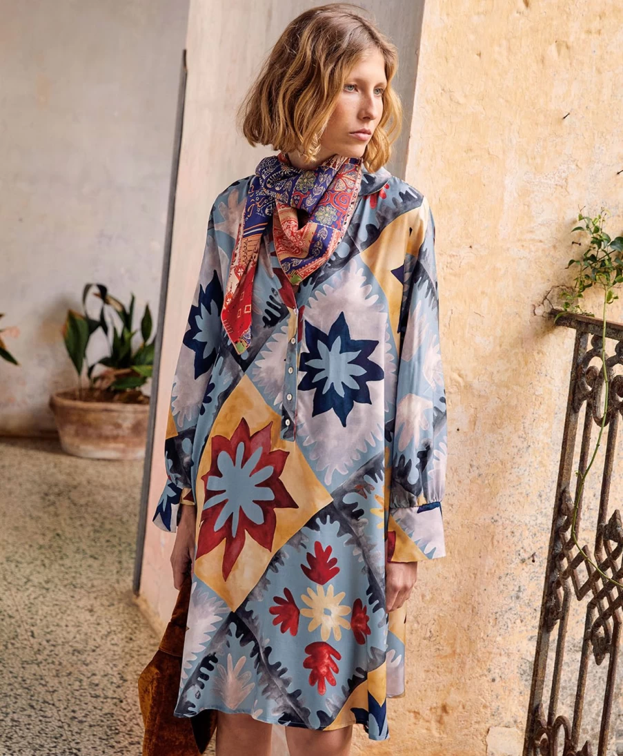Momoni Women's Etienne Printed Viscose Twill Dress - Multicolor Dusty Floral Elegant Casual Wear