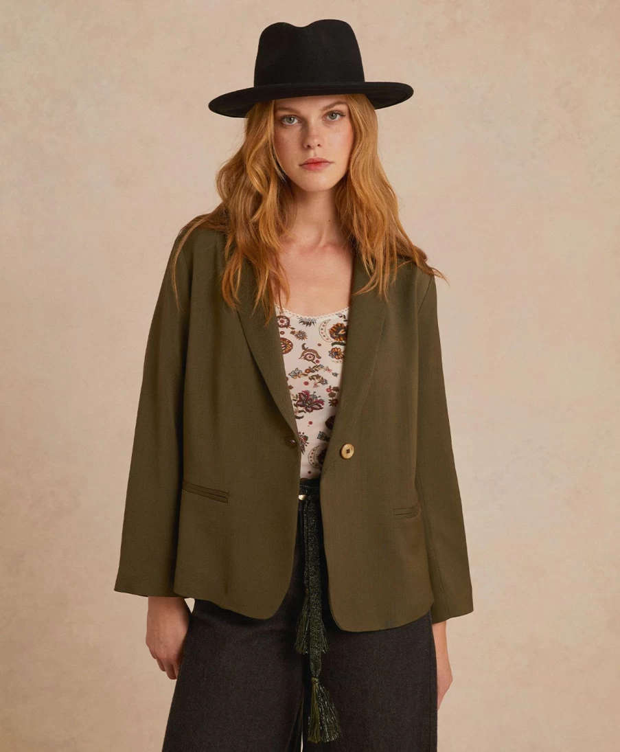 Momoni Women's Emma Jacket - Elegant Dark Green Viscose Wool Coat