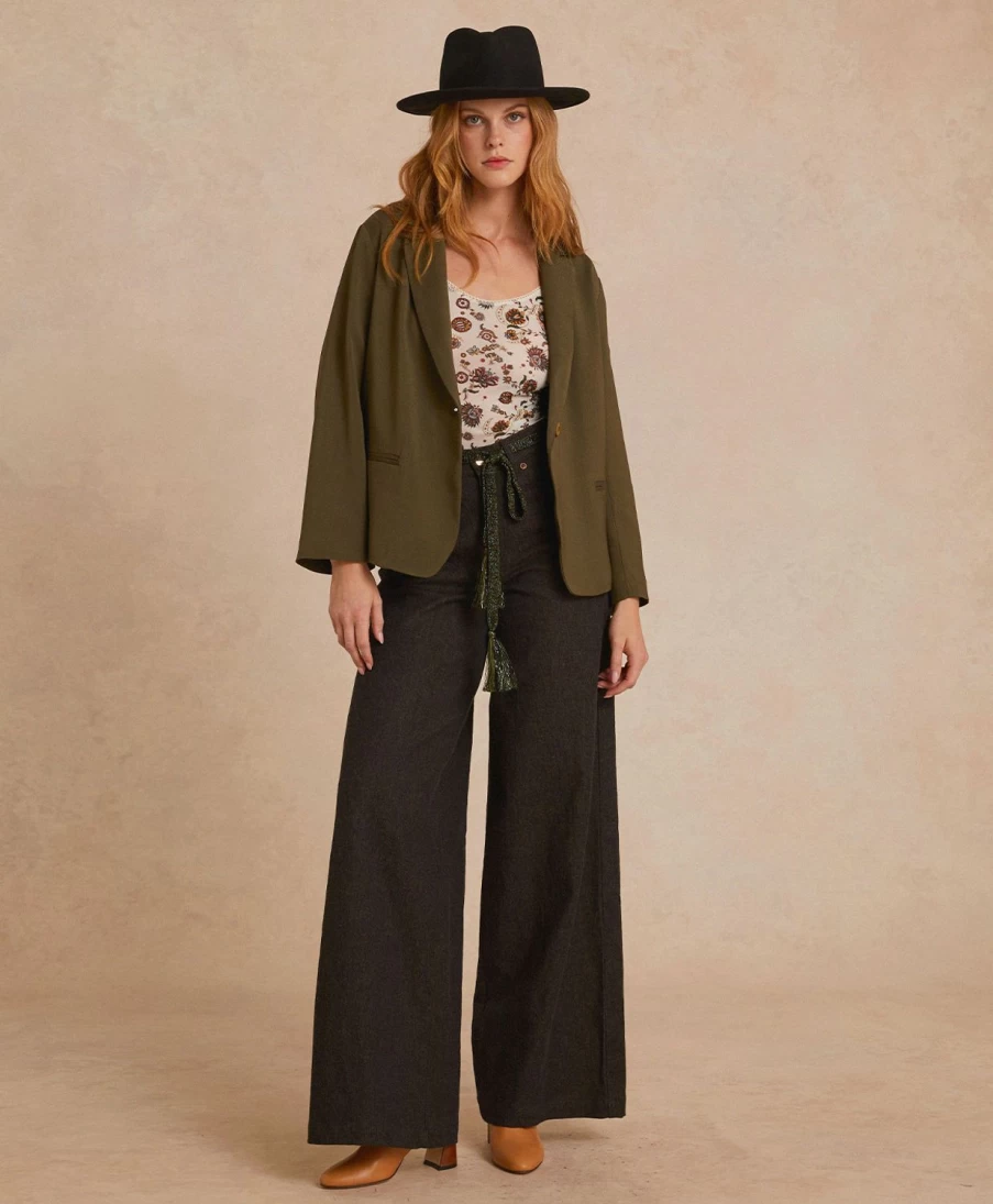 Momoni Women's Emma Jacket - Elegant Dark Green Viscose Wool Coat