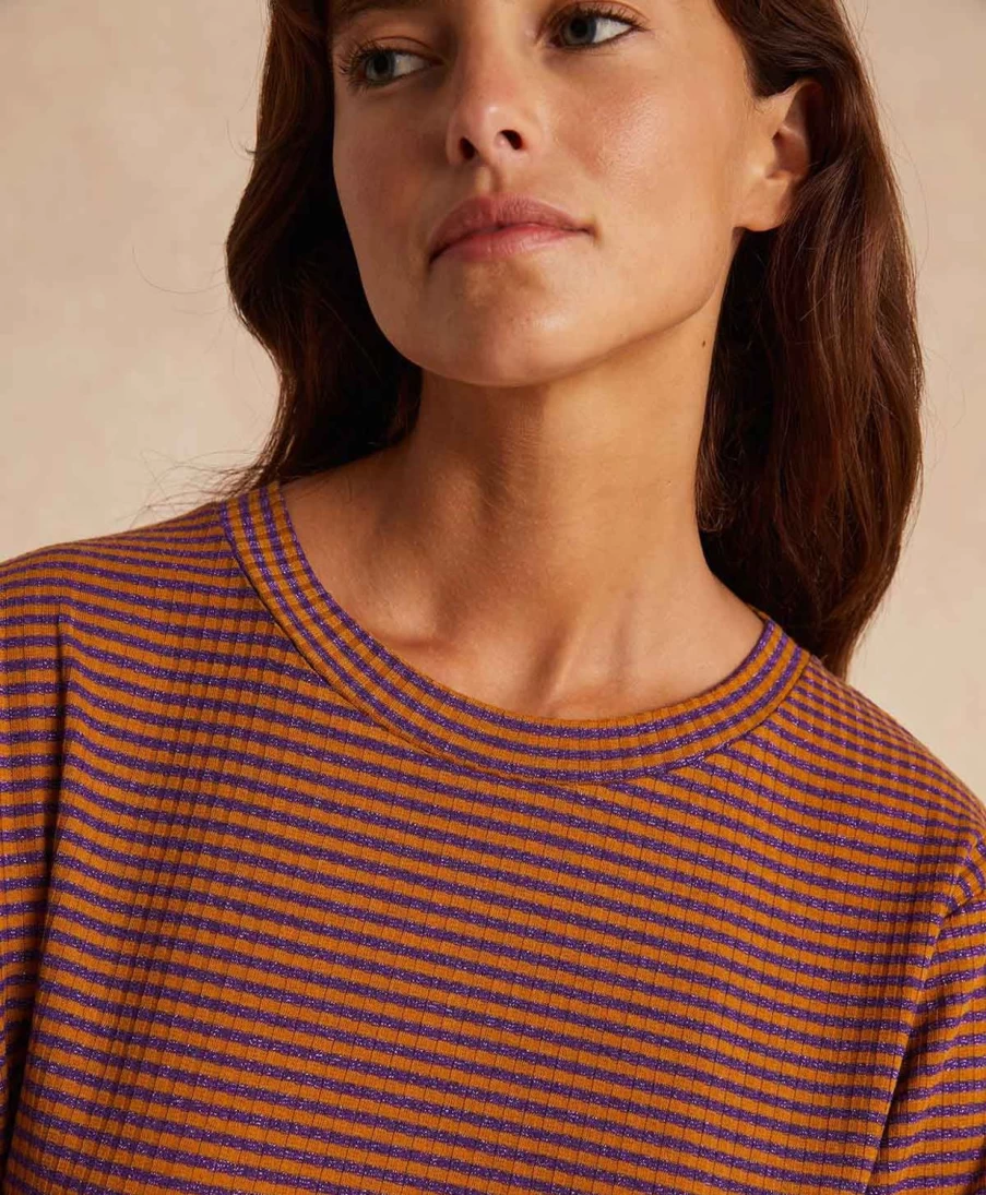 Momoni Women's Lurex Ribbed Striped T-Shirt in Curry and Violet - Iora Style