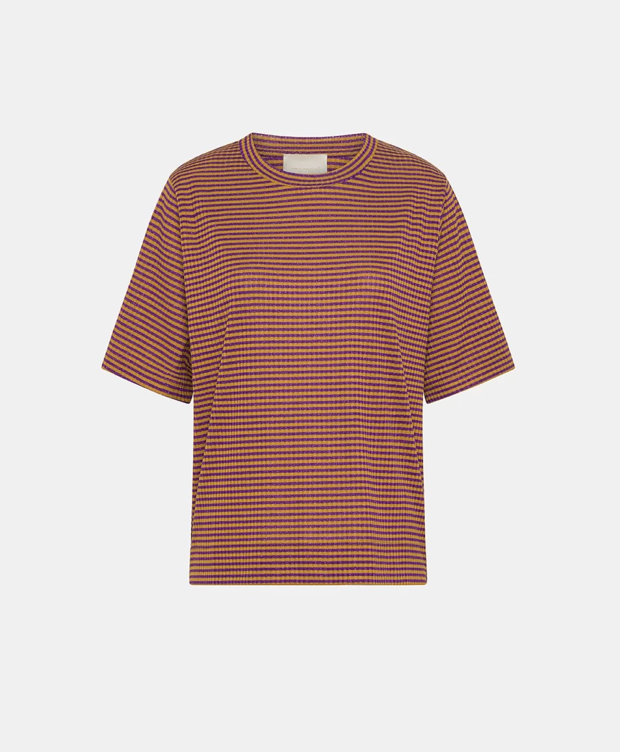 Momoni Women's Lurex Ribbed Striped T-Shirt in Curry and Violet - Iora Style