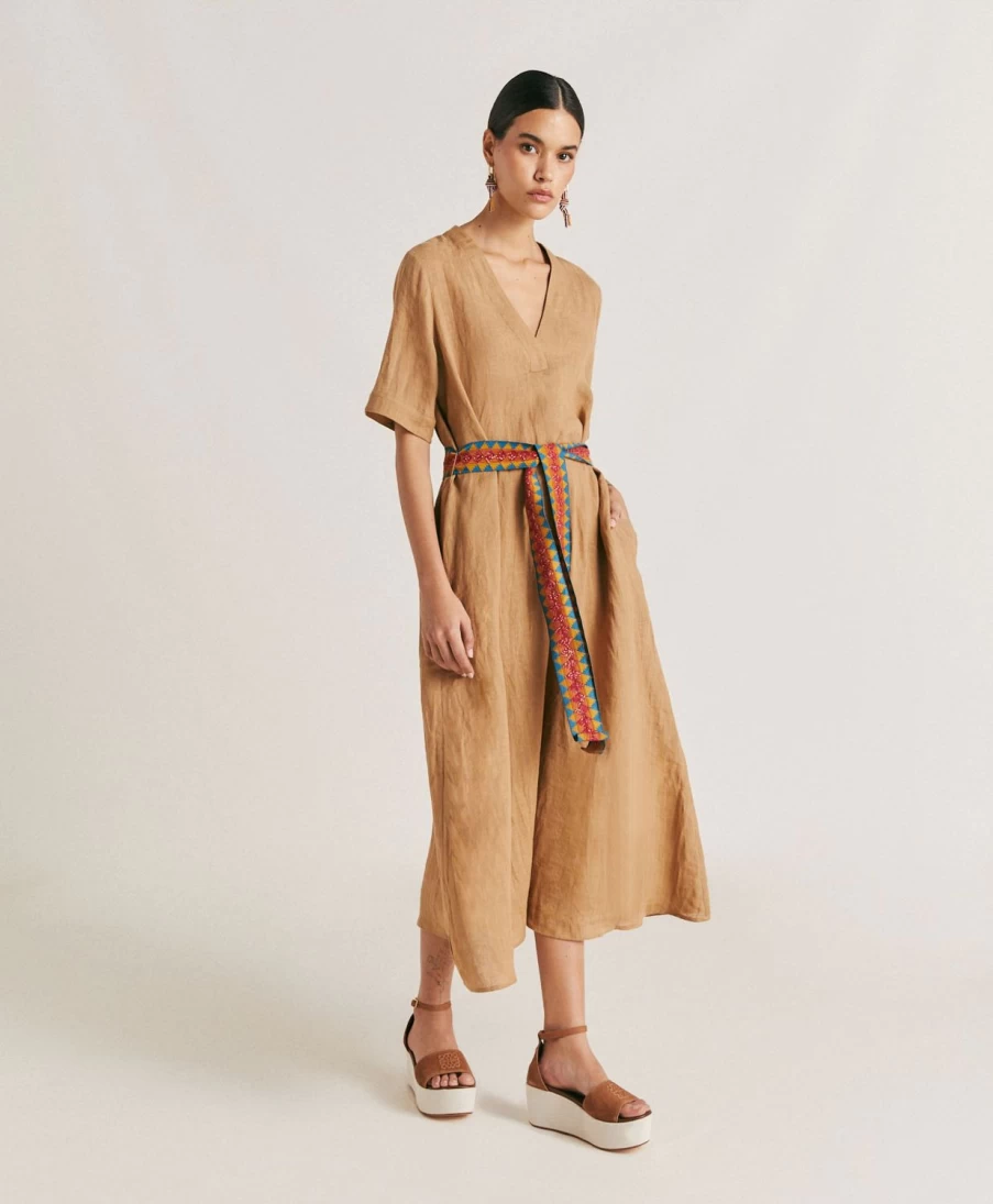 Momoni Women's Linen Altamura Dress in Sand - Breathable Summer Dress