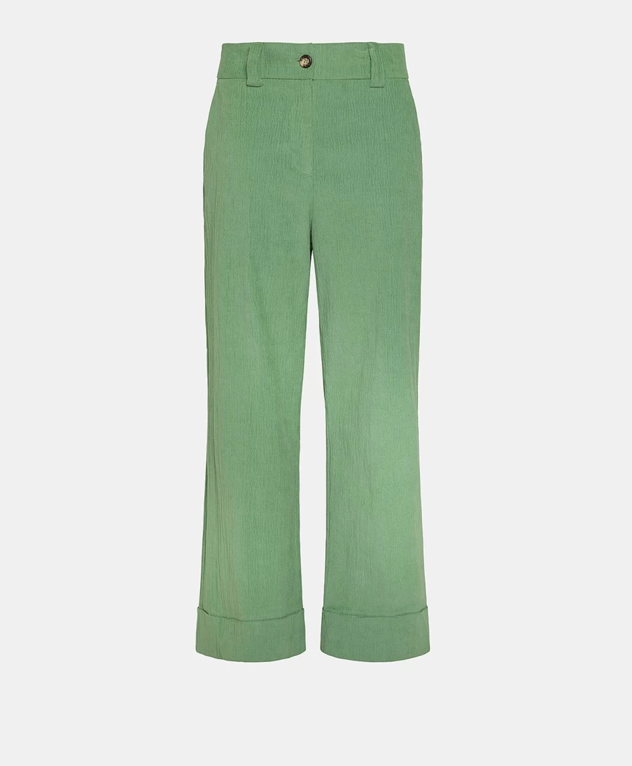 Momoni Women's Water Green Stretch Ribbed Mokaite Pant - CoMo High Waisted Comfort Fit