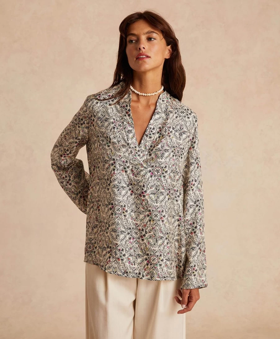 Momoni Women's Atlanta Blouse - Printed Multicolor Silk Twill Top