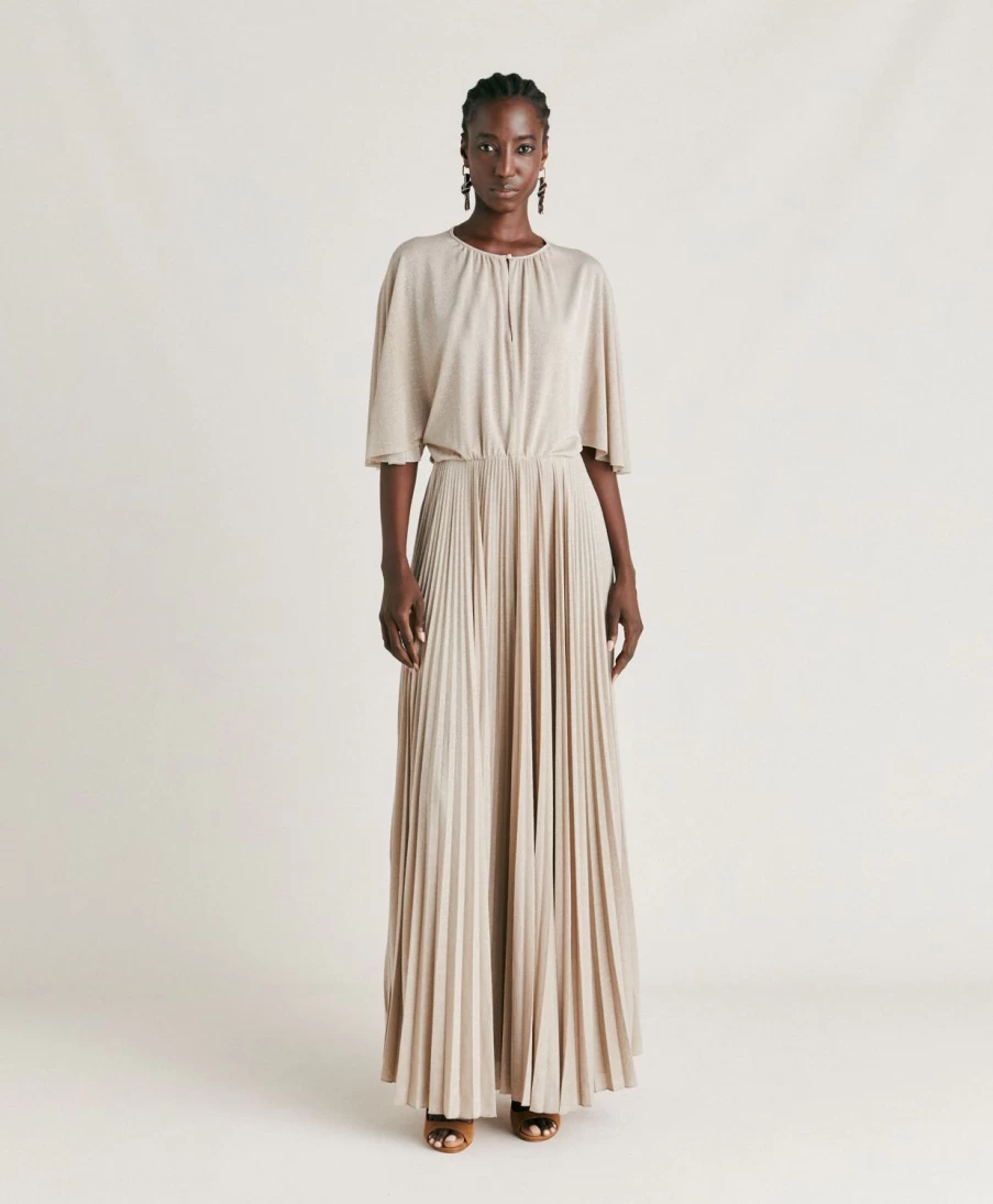 Momoni Women's Paradisu Lurex Jersey Dress in Sand - Elegant Glamorous Style