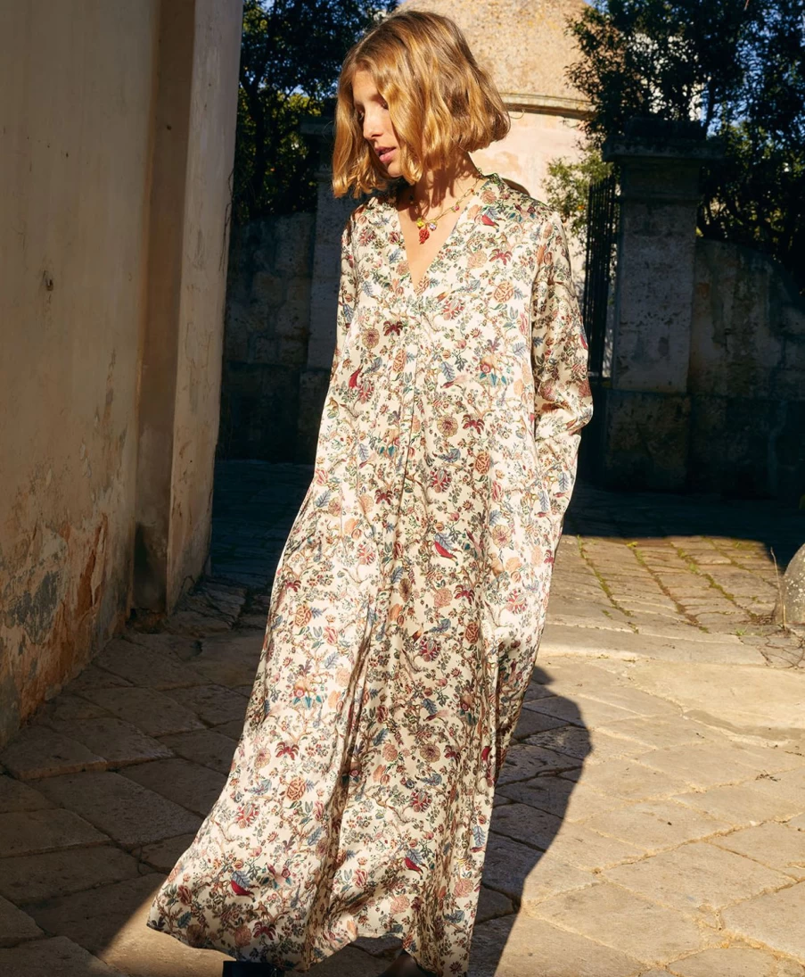 Momoni Women's Biarritz Printed Stretch Satin Dress - Multicolor Cream Floral Summer Maxi Dress
