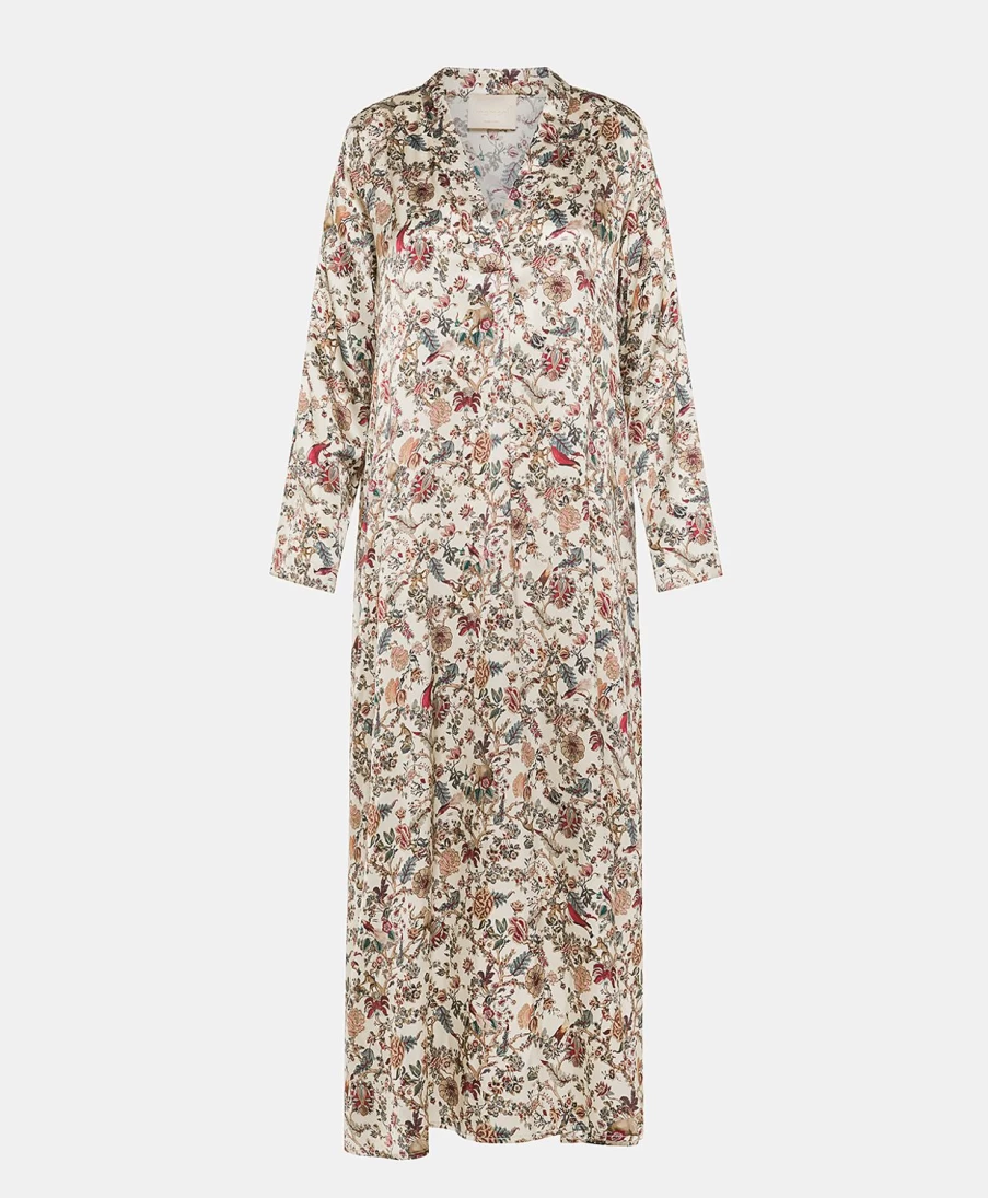 Momoni Women's Biarritz Printed Stretch Satin Dress - Multicolor Cream Floral Summer Maxi Dress