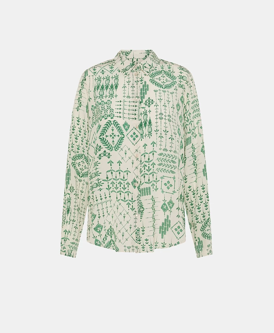 Momoni Women's Cream & Green Printed Crepe de Chine Meudon Shirt