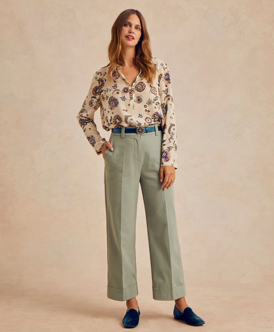 Momoni Women's Sage Green Stretch Cotton Gabardine Mokaite Pants