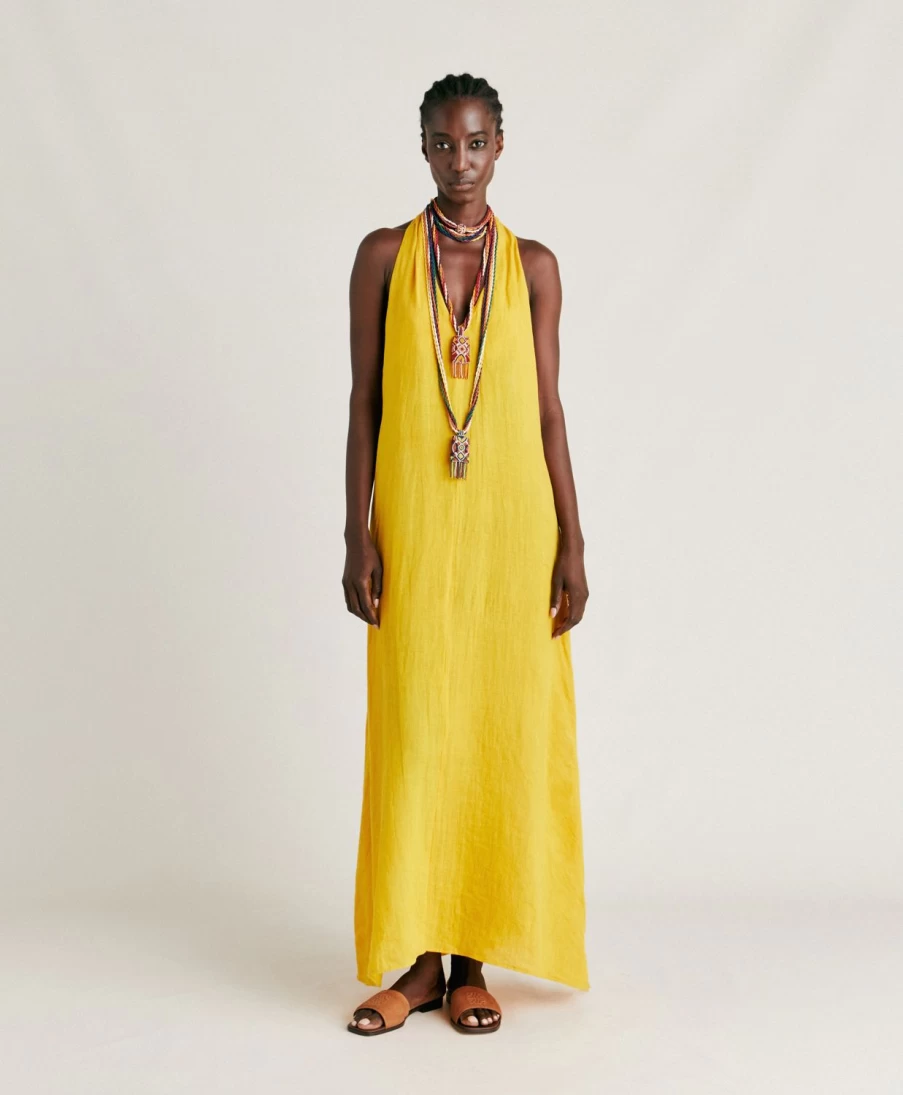 Momoni Women's Linen Aurora Dress in Sunshine Yellow - Breathable Summer Dress
