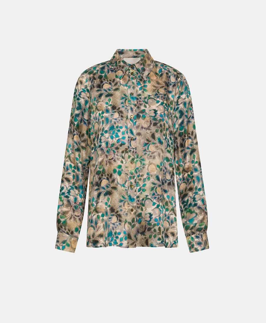 Momoni Women's Arles Printed Silk Twill Shirt - Multicolor Green