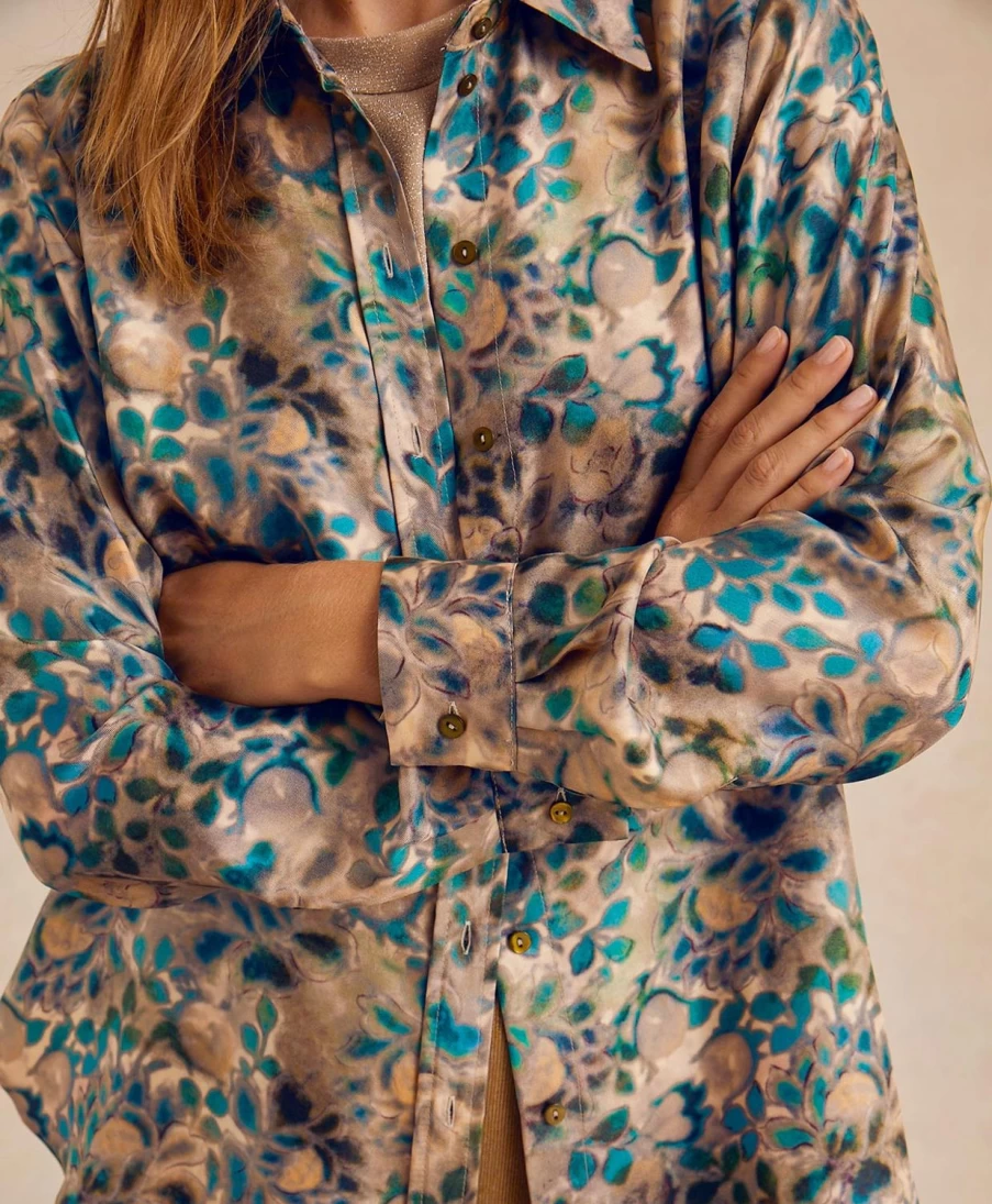 Momoni Women's Arles Printed Silk Twill Shirt - Multicolor Green