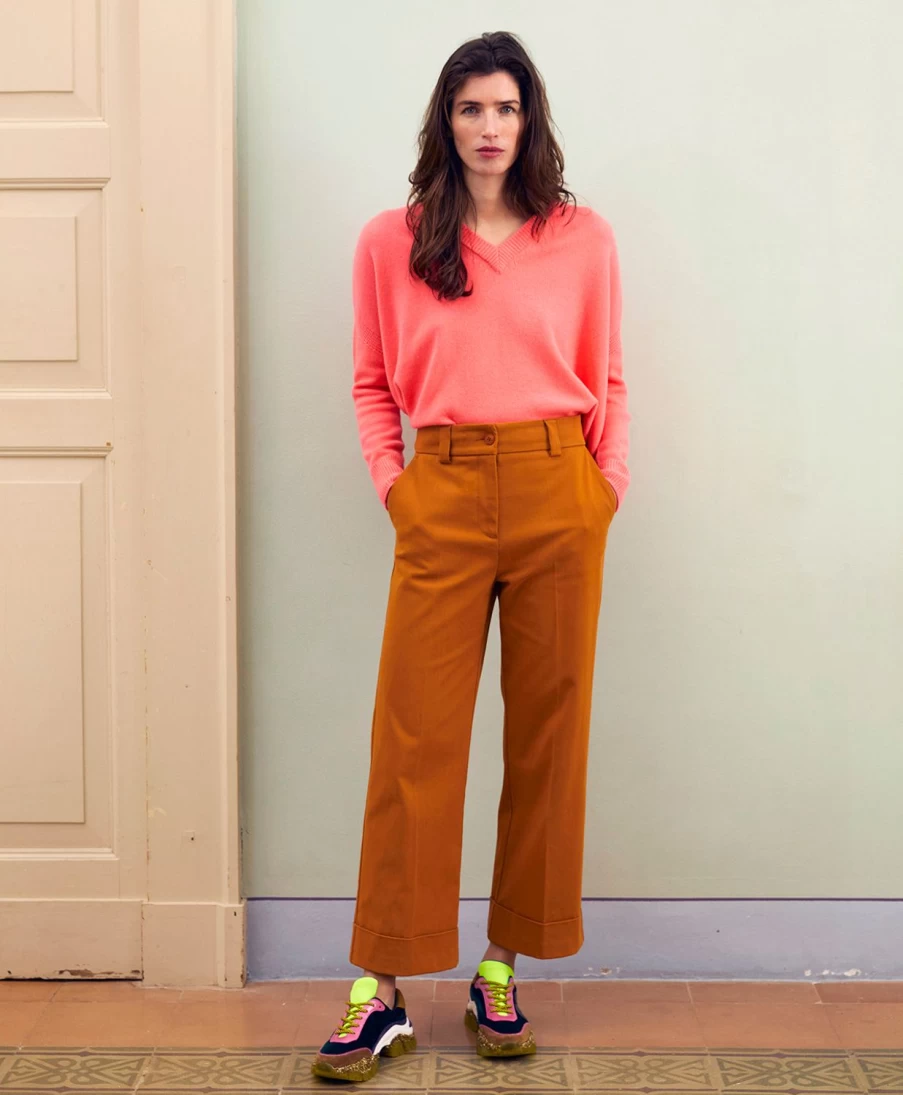 Momoni Women's Light Brown Stretch Cotton Gabardine Mokaite Pants