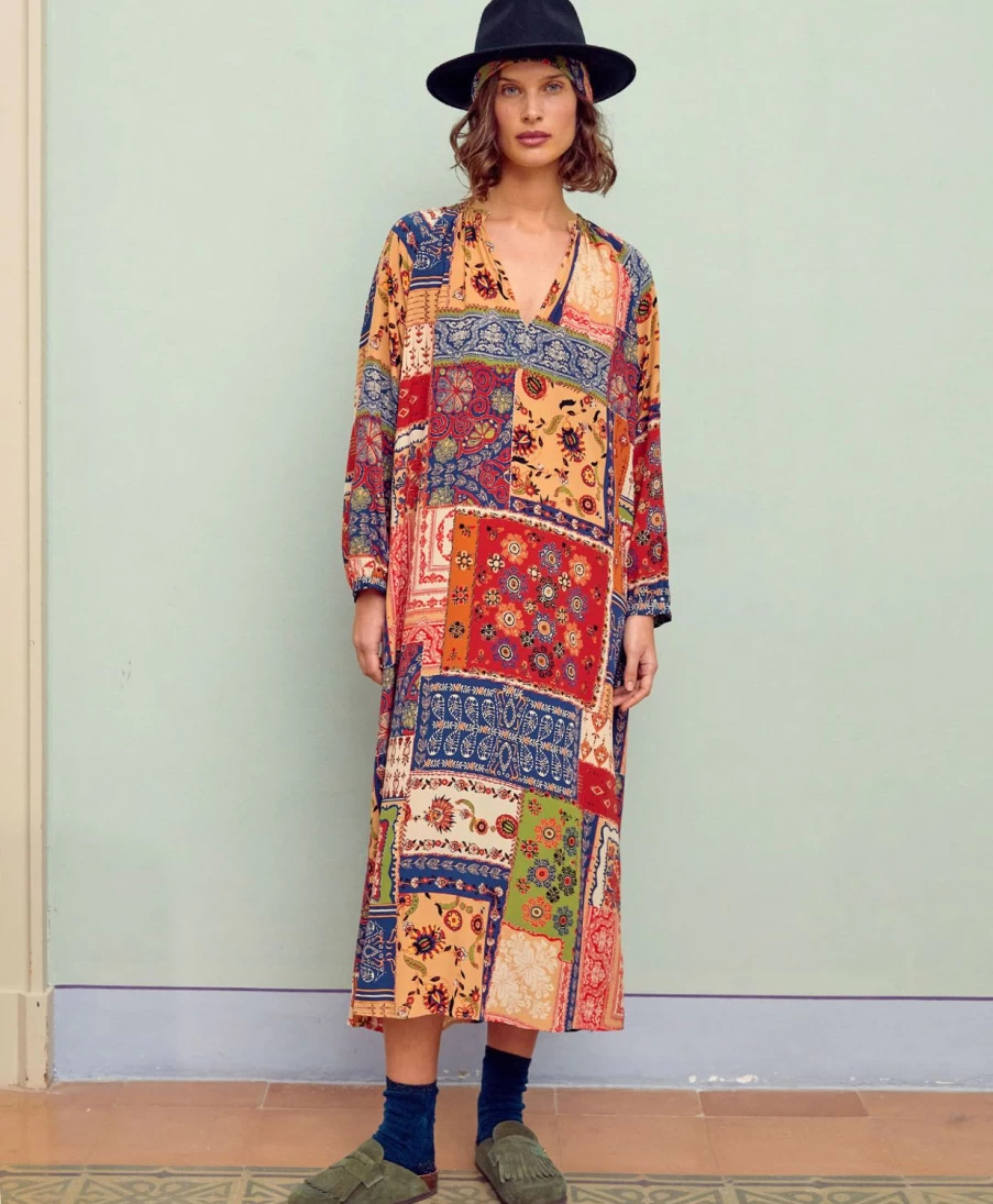 Momoni Women's Lela Printed Crepe De Chine Dress - Multicolor Blue Floral Elegant Fashion