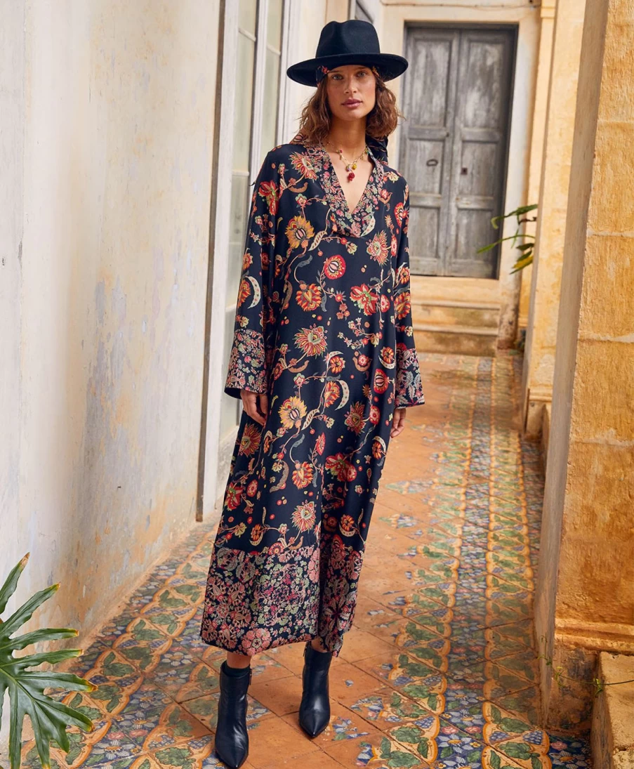 Momoni Women's Bi-Printed Crepe De Chine Felicien Dress - Multicolor Black Floral Pattern