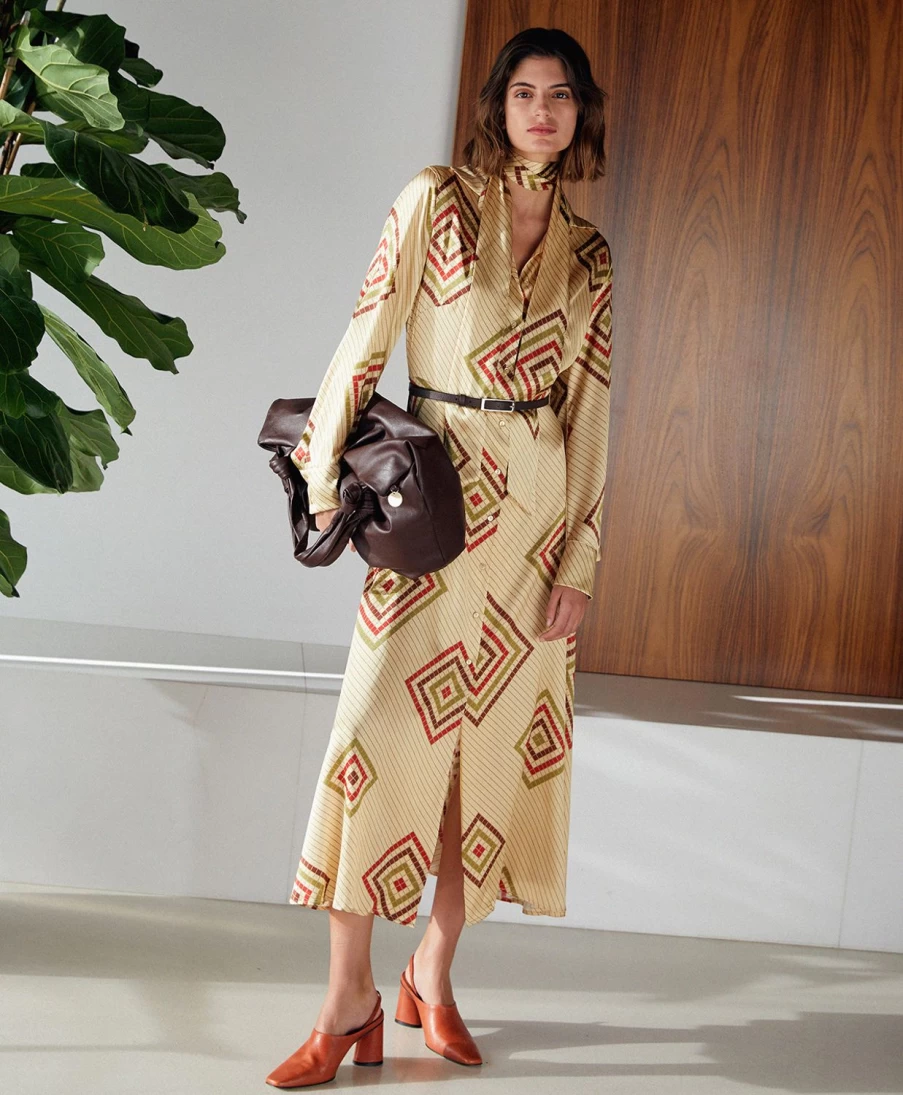 Momoni Women's Printed Stretch Silk Satin Dress - Cream/Brick Floral Elegant Party Gown