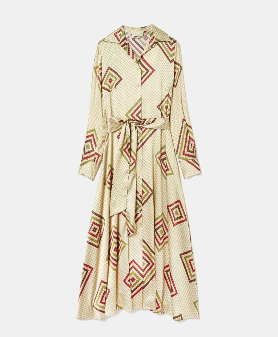 Momoni Women's Printed Stretch Silk Satin Dress - Cream/Brick Floral Elegant Party Gown